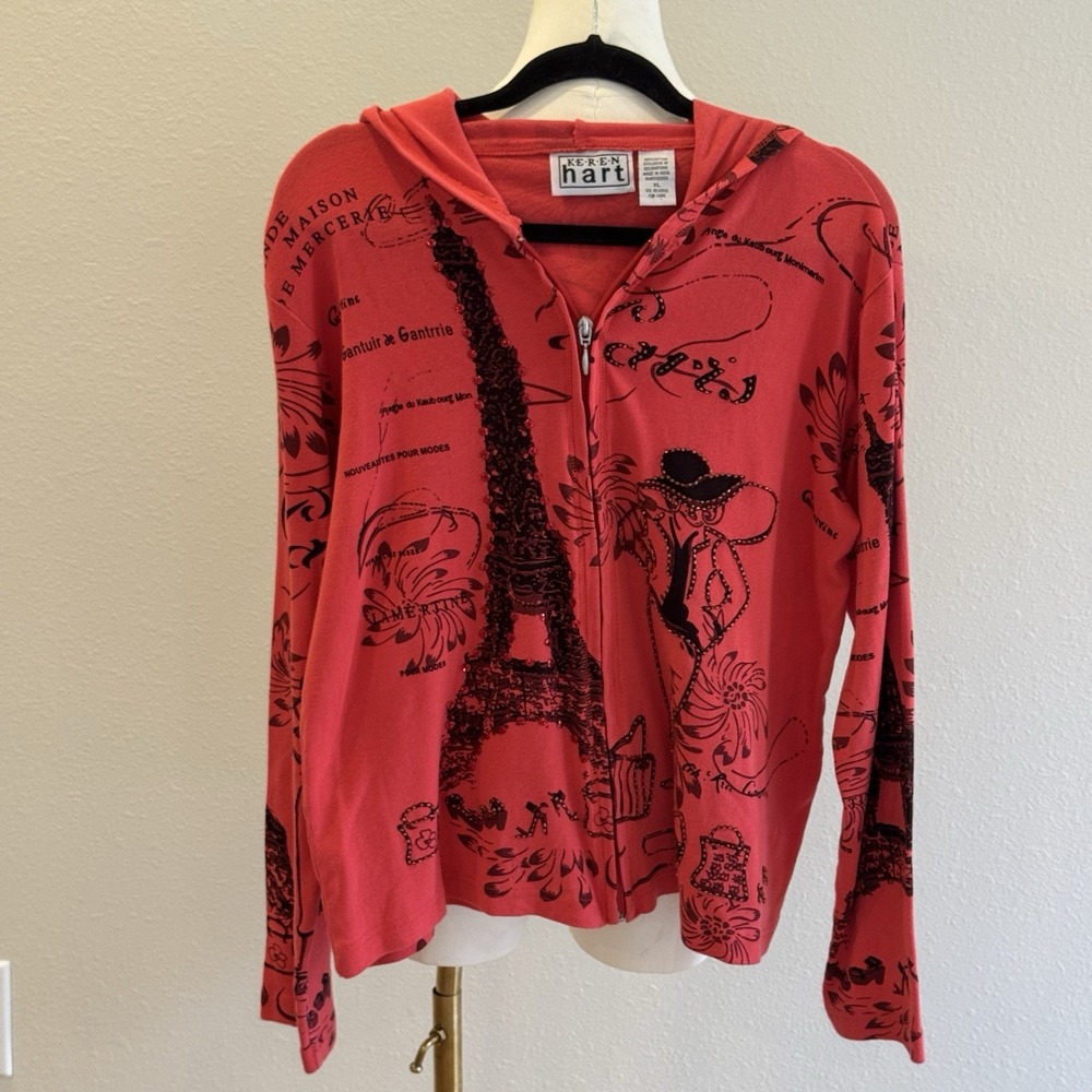 Vtg Womens Full Zip Hoodie Jacket Paris Graphic Print Bling Bead Rhinestone XL